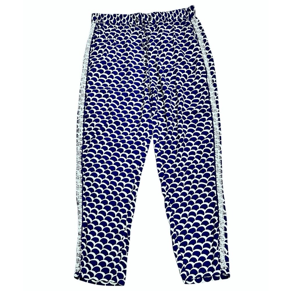 ANTHROPOLOGIE Beaded Jogger Pants Blue Motif Scallop Pattern Beaded Boho MED